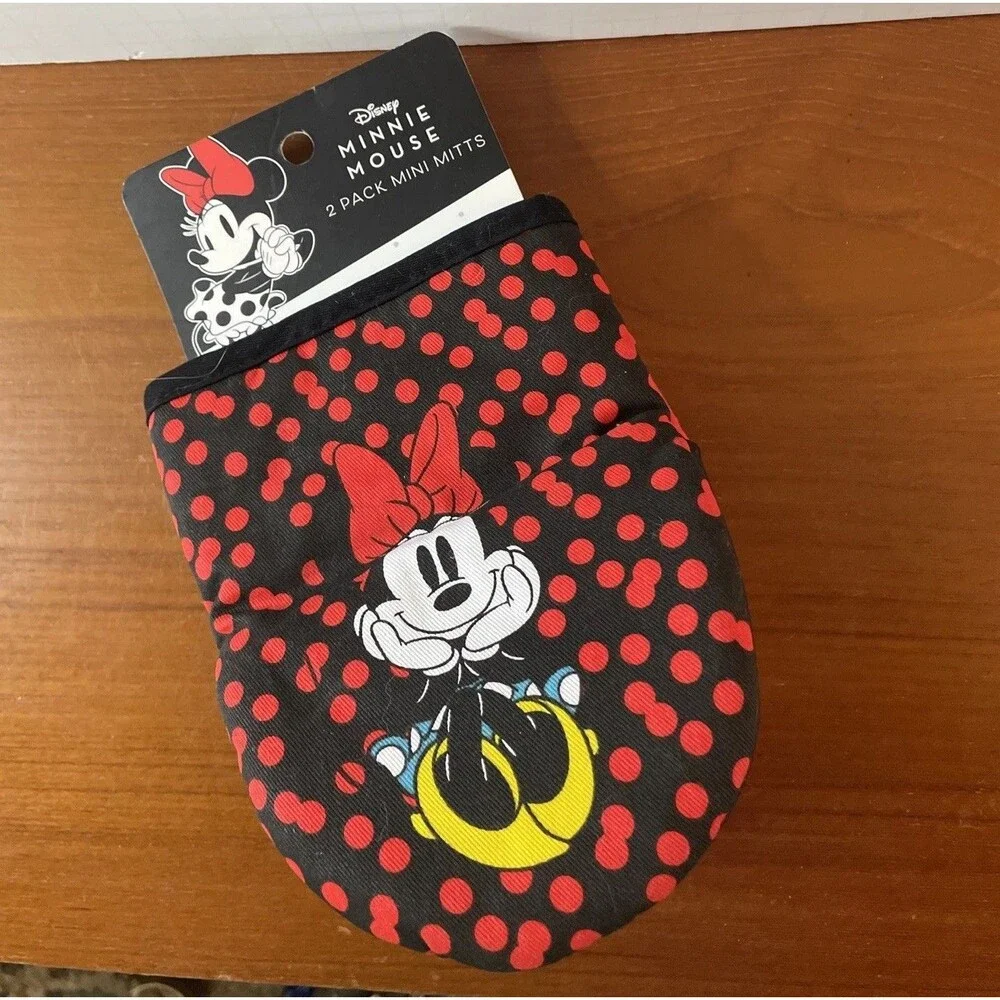 Disney MINNIE MOUSE 2-Pack Polka Dots Oven Mitts Mits Rubberized Pot Holder NEW!